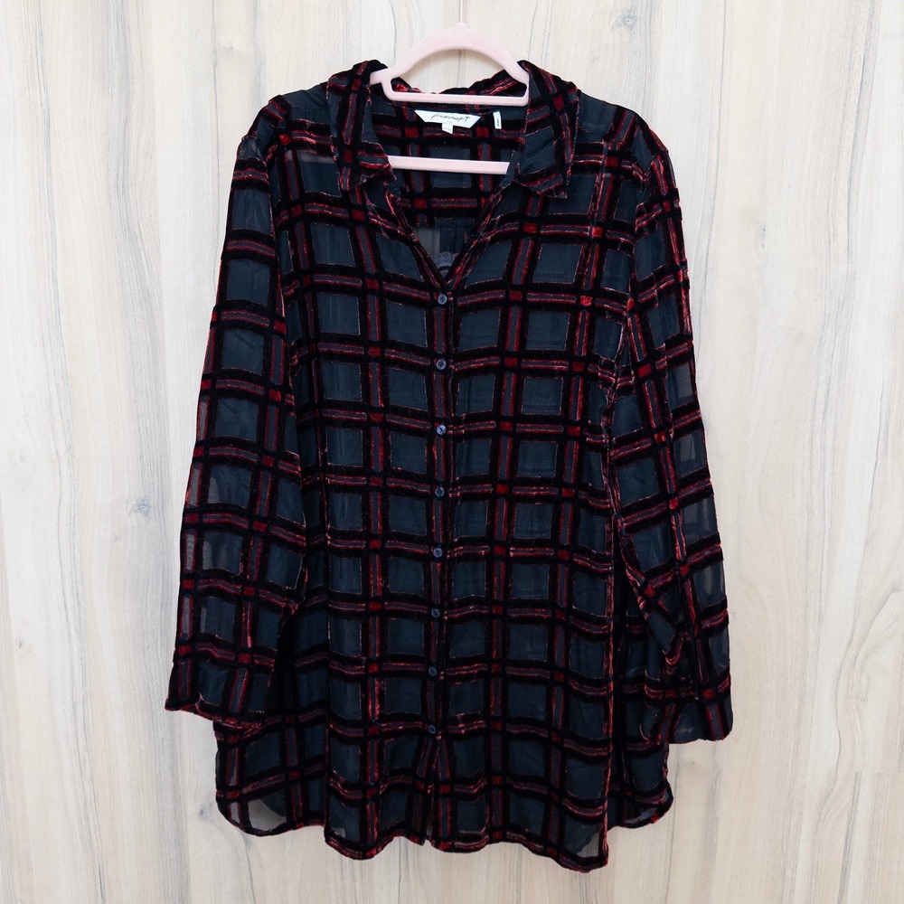 Foxcroft‎ Womens Burnout Velvet Plaid Button Down Shirt Sz 20W Black Red Holiday